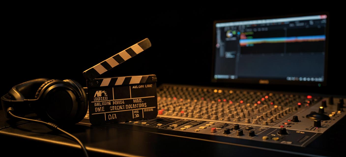 Production slate and headphones on a mixing console in a dark studio